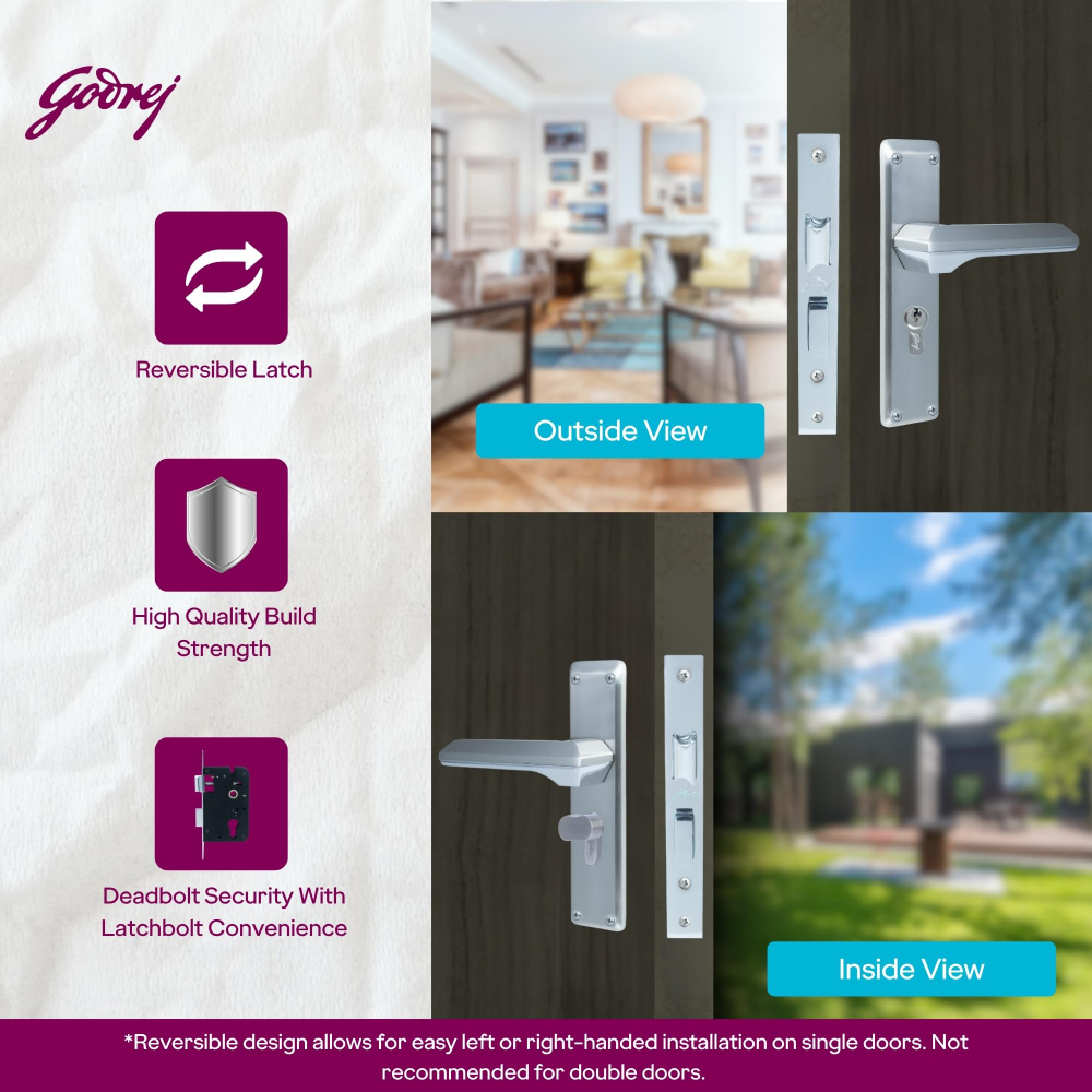 Godrej Mortise Lock | 200mm Plate | 5 inch handle | NEH 23 | Double Throw Deadbolt | 3 Keys | Reversible Left or Right Handed | Door Lock For Home, Main Door | Satin Steel Finish | 5 Year Warranty